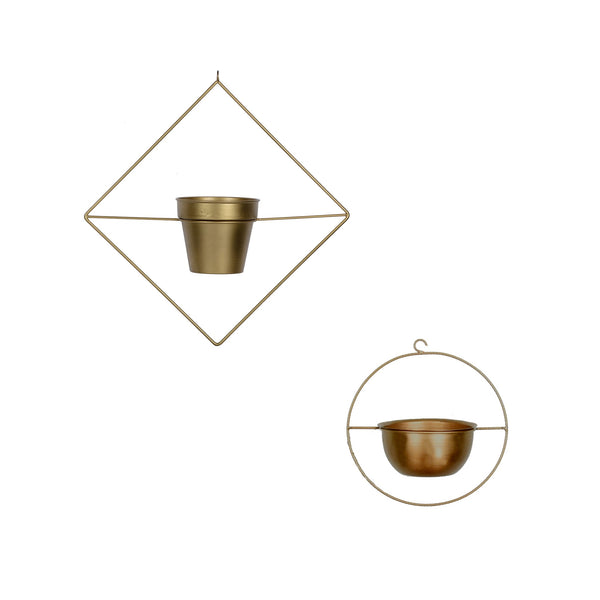 Set of 2 Metal Hanging Planters in Gold Finish - Choose Combo 1 BHK Interiors