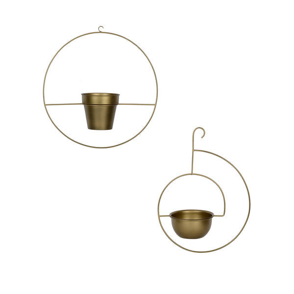 Set of 2 Metal Hanging Planters in Gold Finish - Choose Combo 1 BHK Interiors