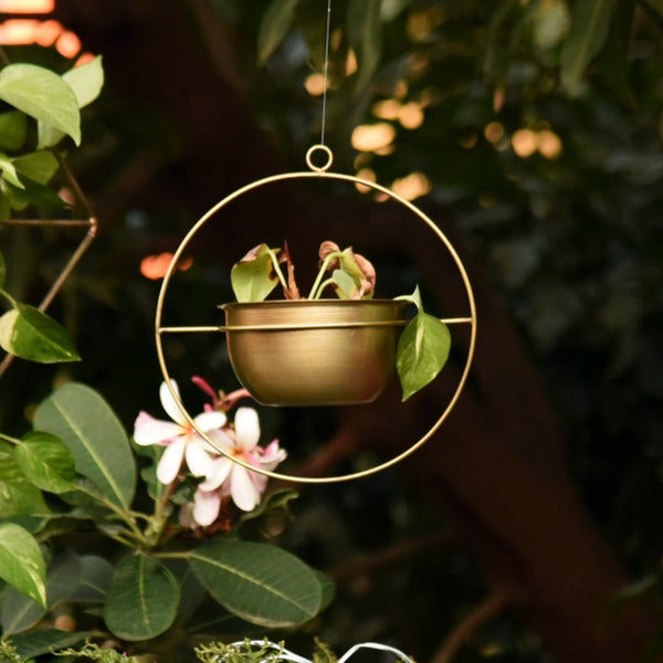 Set of 2 Metal Hanging Planters in Gold Finish - Choose Combo 1 BHK Interiors