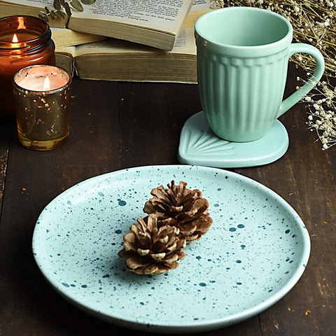 Set of 3 in Ceramic Mint Green - Salad Plate + Vintage Look Grooved Mug + Coaster 1 BHK Interiors