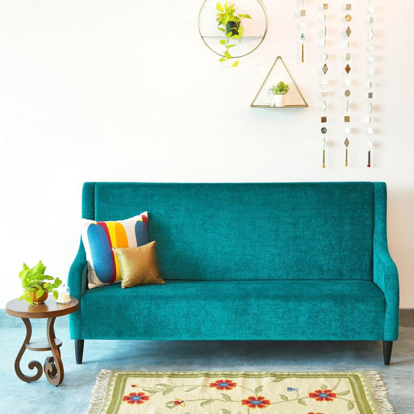"Audrey" High Back Three Seater Sofa in Velvet Finish with Teak Legs - 6 colour options 1 BHK Interiors
