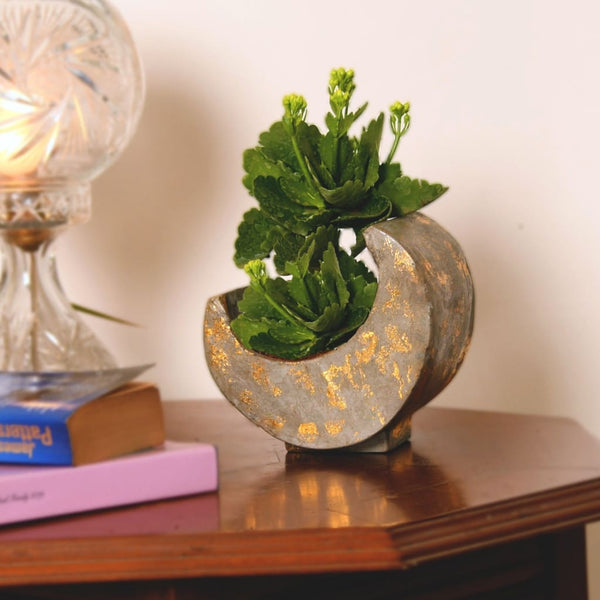 "Bright Side of the Moon" Concrete Table Top Pot / Planter in Grey with Gold Accents 1 BHK Interiors