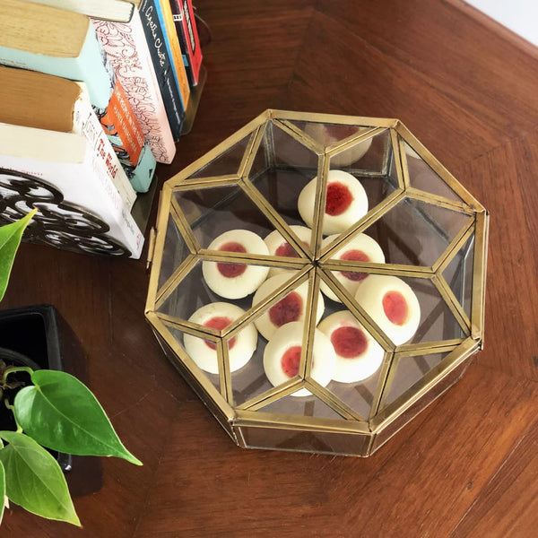 Metal & Glass Octagonal Decorative Box in Gold - Medium 1 BHK Interiors