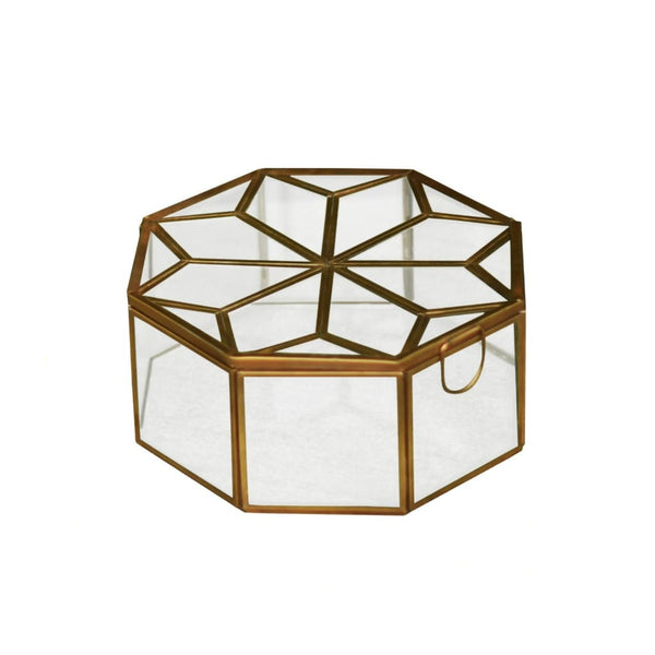 Metal & Glass Octagonal Decorative Box in Gold - Medium 1 BHK Interiors