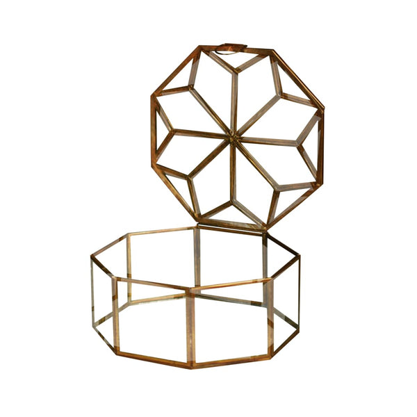 Metal & Glass Octagonal Decorative Box in Gold - Medium 1 BHK Interiors