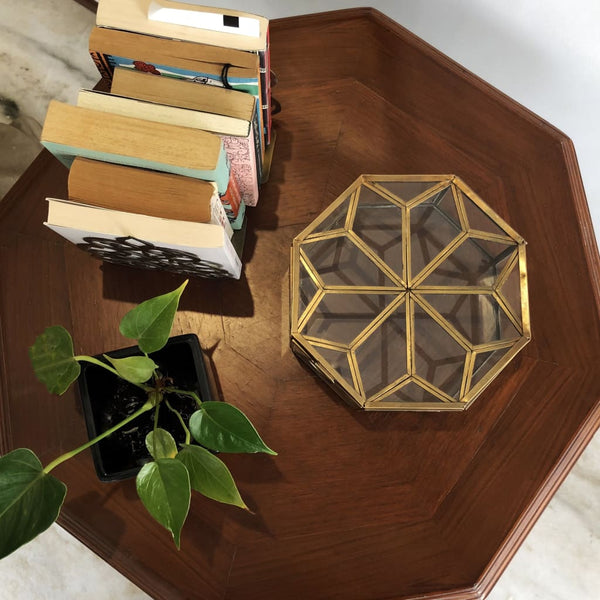 Metal & Glass Octagonal Decorative Box in Gold - Medium 1 BHK Interiors