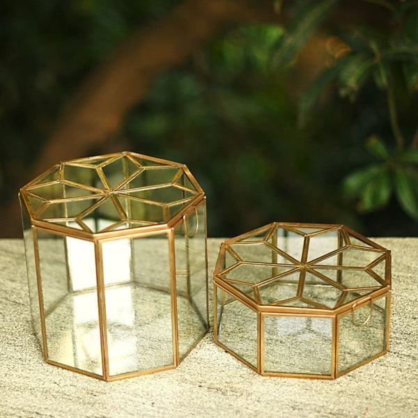 Metal & Glass Octagonal Decorative Box in Gold - Medium 1 BHK Interiors