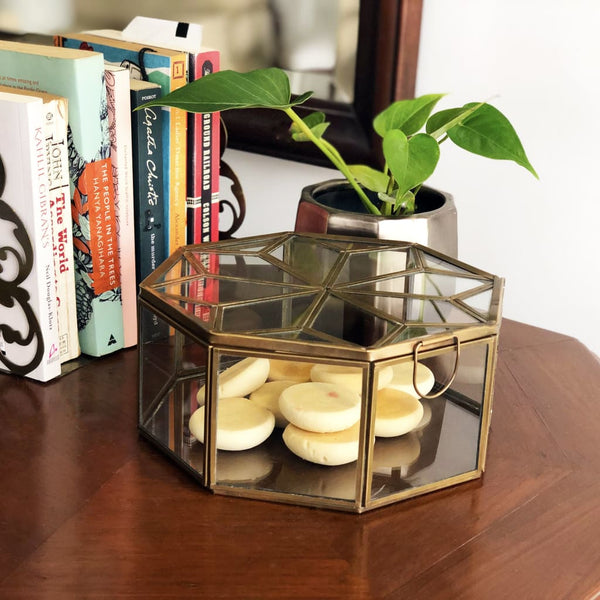 Metal & Glass Octagonal Decorative Box in Gold - Medium 1 BHK Interiors