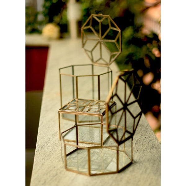 Metal & Glass Octagonal Decorative Box in Gold - Medium 1 BHK Interiors