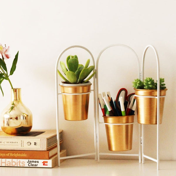 Mini Fence Metal Table Top Planter Set with 3 Pots in White 