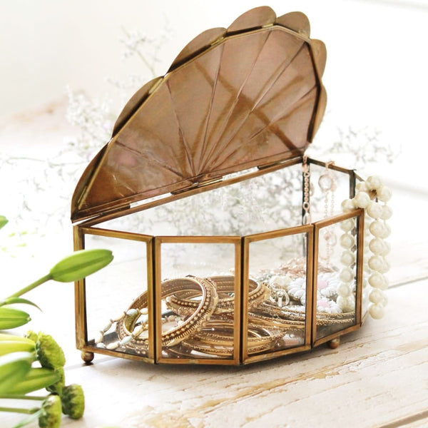 Peacock Wing Brass & Glass Jewellery Box - Decorative Box
