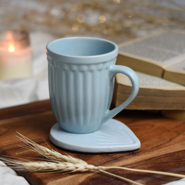 Set of 3 in Blue Ceramic - Splatter Print Organic Shape Bowl + Vintage Grooved Mug + Etched Coaster 1 BHK Interiors