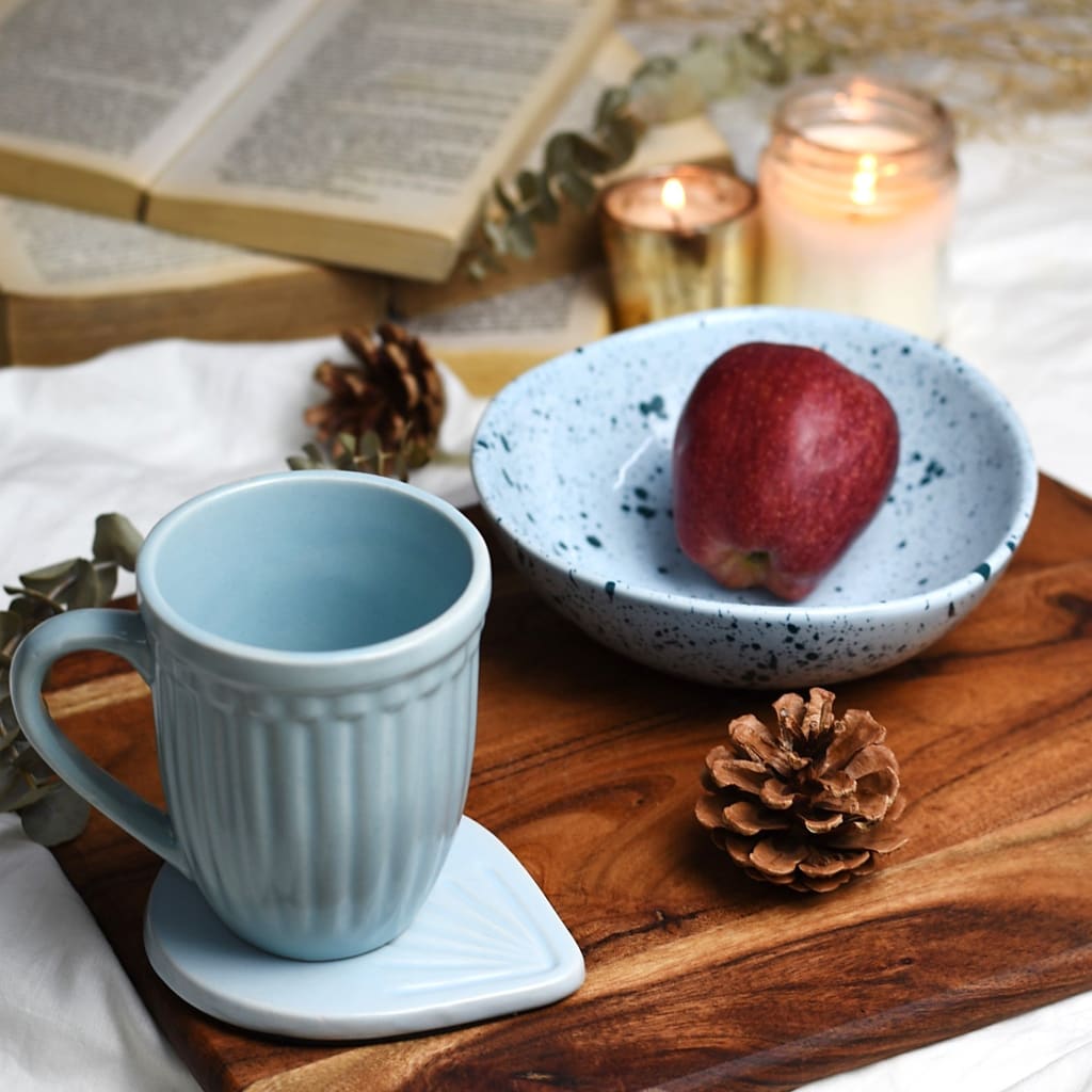 Set of 3 in Blue Ceramic - Splatter Print Organic Shape Bowl + Vintage Grooved Mug + Etched Coaster 1 BHK Interiors