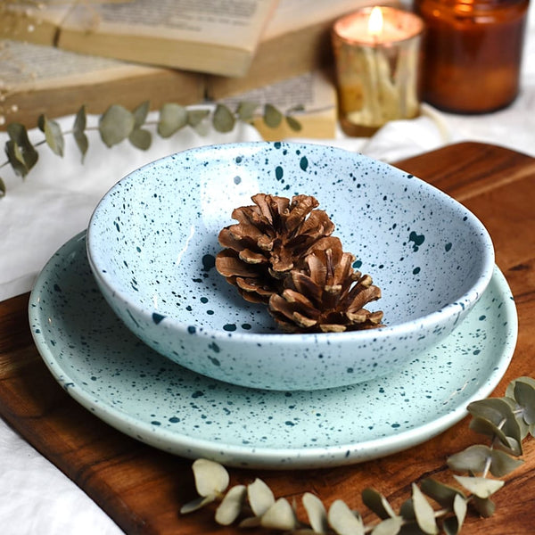 Splatter Print Organic Shape Ceramic Bowl in Baby Blue 1 BHK Interiors